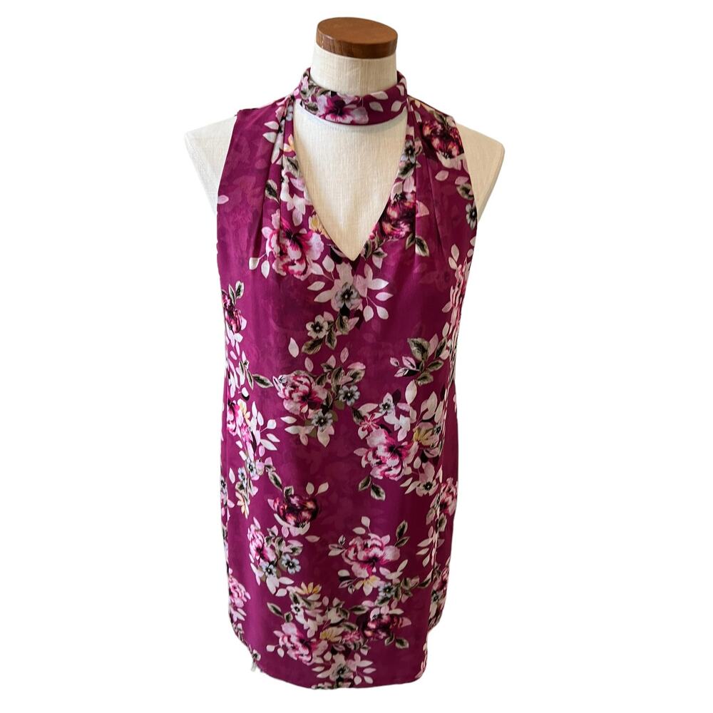 White House Black Market WHBM Choker Neck Sleeveless Dress Fuschia floral print